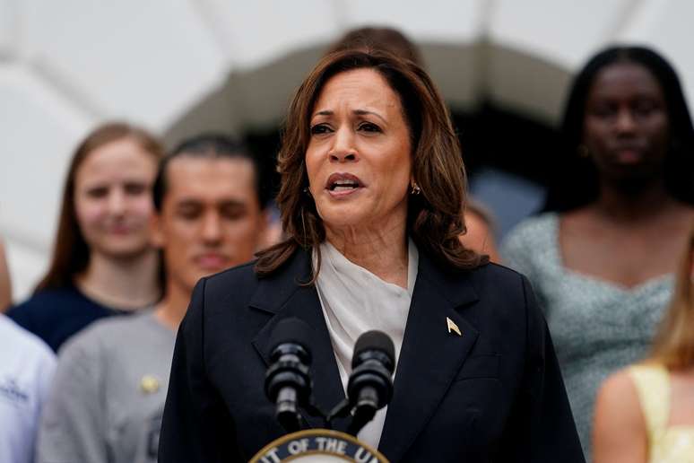 Vice-presidente dos EUA, Kamala Harris, em discurso na Casa Branca