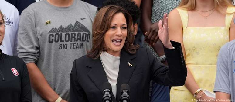 Kamala Harris em sua primeira aparição após o presidente Joe Biden desistir da disputa à reeleição 