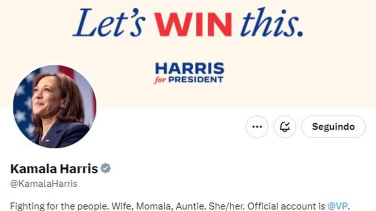 Perfil oficial de Kamala Harris na rede social X hoje (22) –