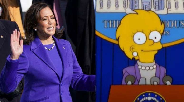 O 17º episódio da 11ª temporada de Os Simpsons mostra Lisa Simpson como a primeira mulher presidente dos Estados Unidos, vestida de forma semelhante a Kamala Harris.