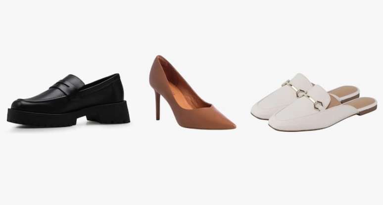 Da esquerda para a direita: Mocassim preto tratorado Corello R$ 299, Scarpin caramelo clássico Constance R$ 99; Mule de bico quadrado off-white Lumiss Dafiti R$ 69,90