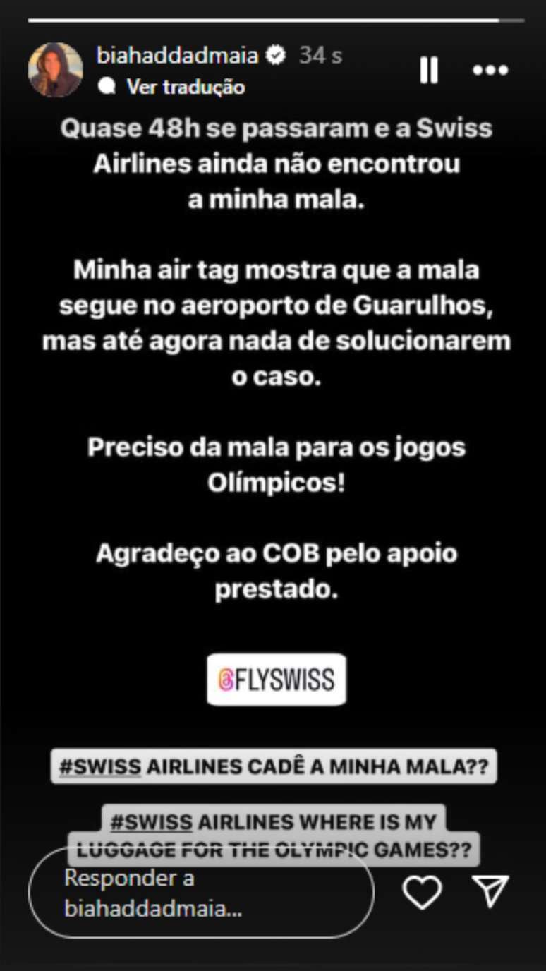 No Instagram, a tenista Beatriz Haddad reclama do sumiço de sua mala dias antes de sua estreia nas Olimpíadas Paris 2024.