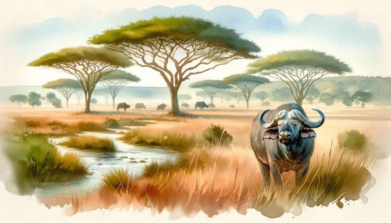 Ilustração de búfalo africano na savana