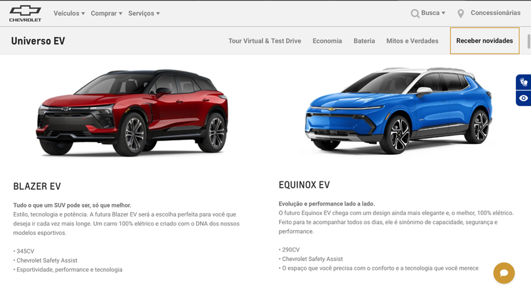 Site da Chevrolet do Brasil já mostra novos Blazer EV e Equinox EV