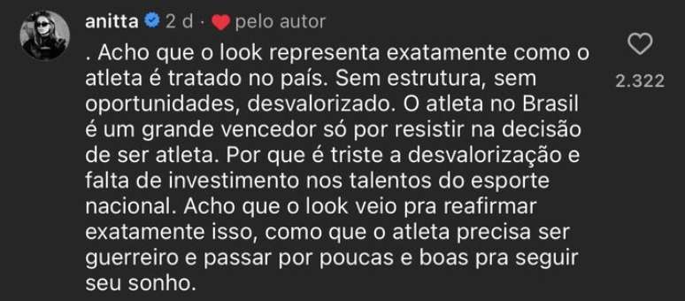 Comentário de Anitta sobre o uniforme do Brasil nas Olimpíadas