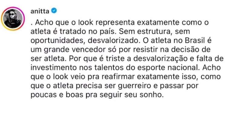 Anitta critica os uniformes brasileiros para os Jogos de Paris