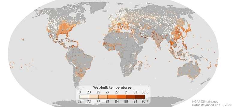 Mapa que mostra, de 1979 a 2017, quais locais registraram maiores extremos de calor e umidade; quanto mais escuro o ponto, maior o grau de bulbo úmido 