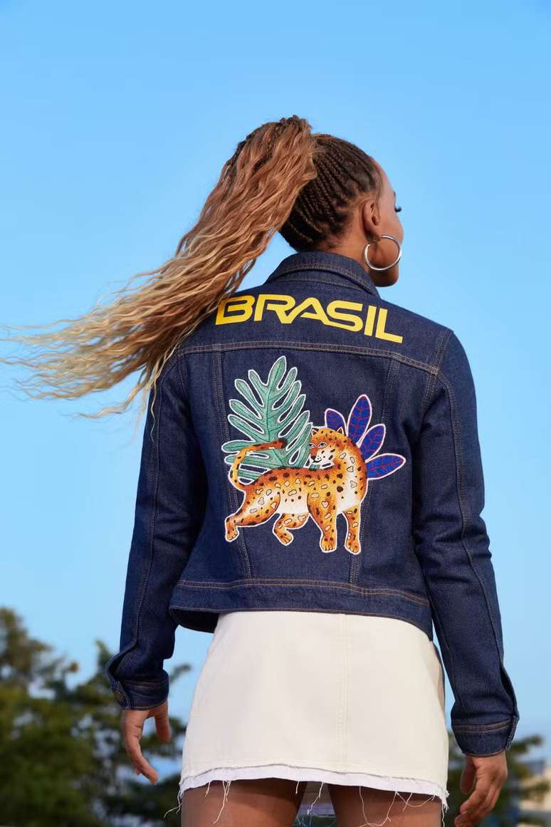 Jaqueta jeans bordada à mão do Time Brasil 