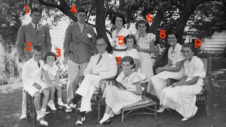 O clã Kennedy: Joseph e Rose com os filhos Joe Jr. (1), Robert (2), Edward (3), John F. (4), Jean (5), Patricia (6), Eunice (7), Rosemary (8) e Kathleen (9)