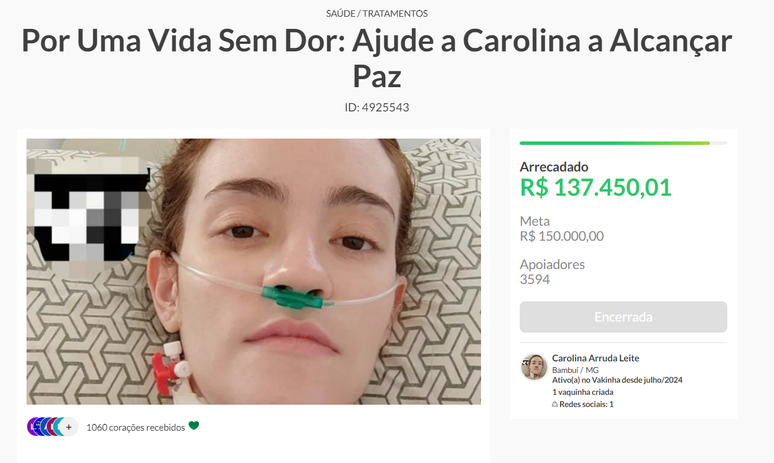 Vaquinha de Carolina já arrecadou mais de R$130 mil