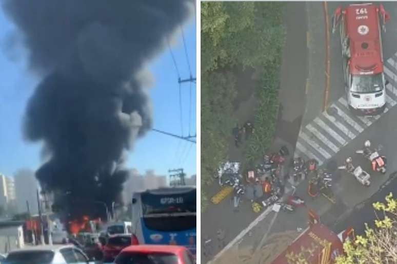 Ônibus pega fogo na Marginal Pinheiros, em São Paulo, nesta quinta-feira, 25