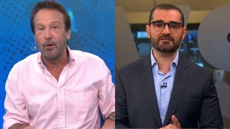 Emílio Surita chamou a atenção com atitude após fala contra Marcelo Cosme (Imagens: Reprodução - Rede TV! - GloboNews / Montagem - RD1)