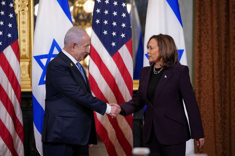 Primeiro-ministro israelense, Binyamin Netanyahu, e vice-presidentedos EUA, Kamala Harris