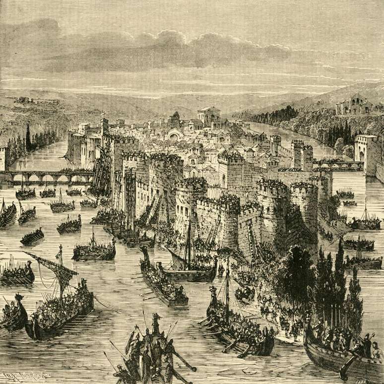 Os vikings subiram o Sena em cerca de 120 barcos até Paris, como mostra esta gravura de 1890, idealizada pelo artista já que a capital francesa não possuía essas muralhas quando foi sitiada por Ragnar