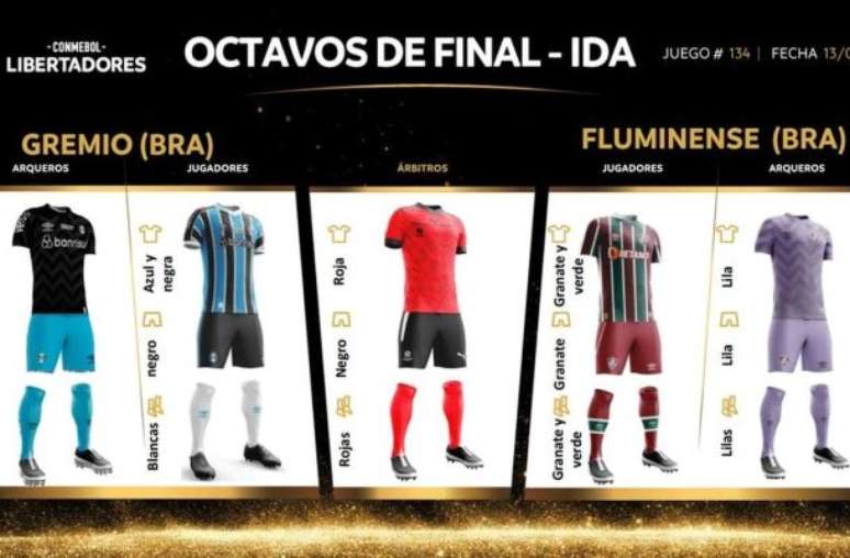 Uniformes que serão usados pelas equipes no jogo de ida, dia 13 de agosto –