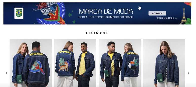 Destaque sobre as roupas oficiais do Brasil na Olimpíada só aparece após rolar a tela do site da Riachuelo algumas vezes