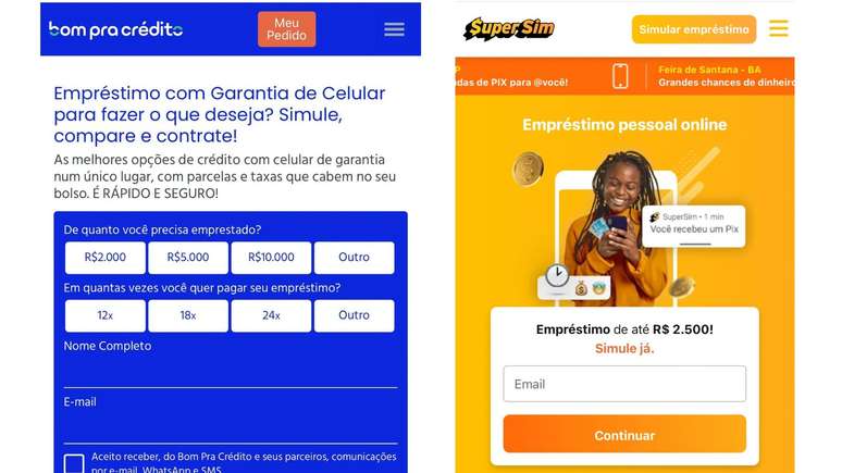 Páginas oficiais para solicitar empréstimo do Bom pra Crédito e SuperSim.