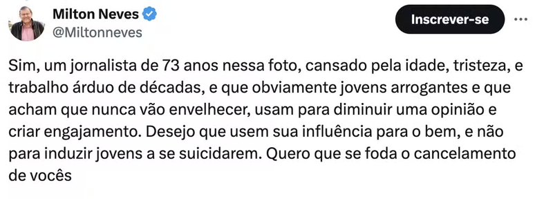 Milton Neves soltou o verbo no Twitter 