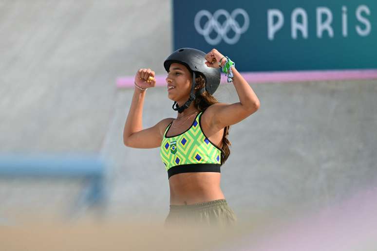 Brazil’s Rayssa Leal reacts as she competes in the women’s street skateboarding final during the Paris 2024 Olympic Games at La Concorde in Paris on July 28, 2024. (Photo by Kirill KUDRYAVTSEV / AFP) (Photo by KIRILL KUDRYAVTSEV/AFP via Getty Images)