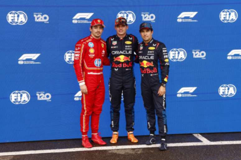 Leclerc, Verstappen e Perez após a classificação em Spa