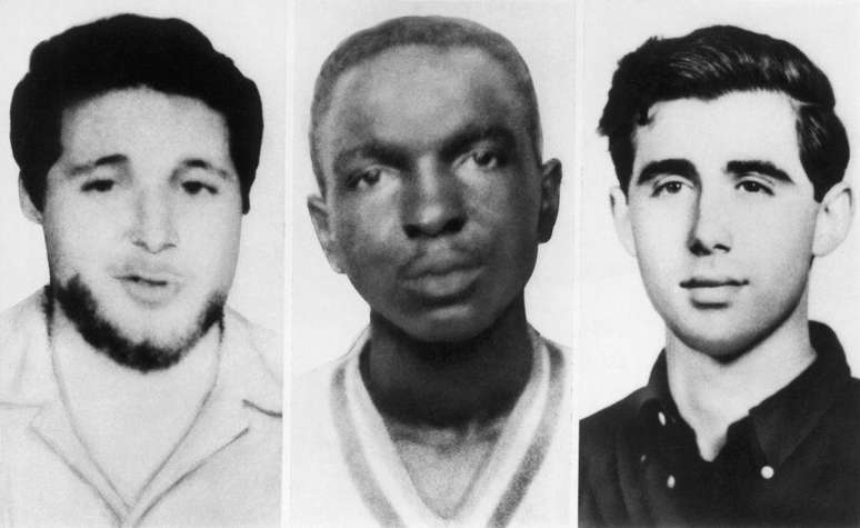 Da esquerda para a direita: Michael Schwerner (24 anos), James Chaney (21) e Andrew Goodman (20), os ativistas dos direitos civis do CORE assassinados por membros da Ku Klux Klan em 1964