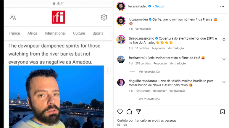 Nas redes sociais, Amadeu compartilhou prints de algumas páginas de notícias e brincou com os seguidores: “Gente, virei o inimigo número 1 da França”. 