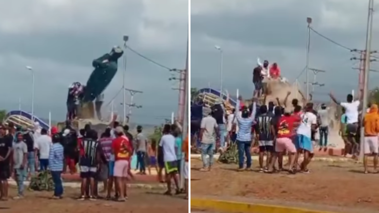 Manifestantes derrubam estátua de Hugo Chávez em Coral, na Venezuela