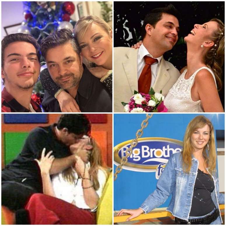 Acima, Daniela Faria com o marido, Ricky, e o filho deles, Guilherme, e no dia do casamento; abaixo, o primeiro beijo do casal no 'Big Brother Famosos' de Portugal