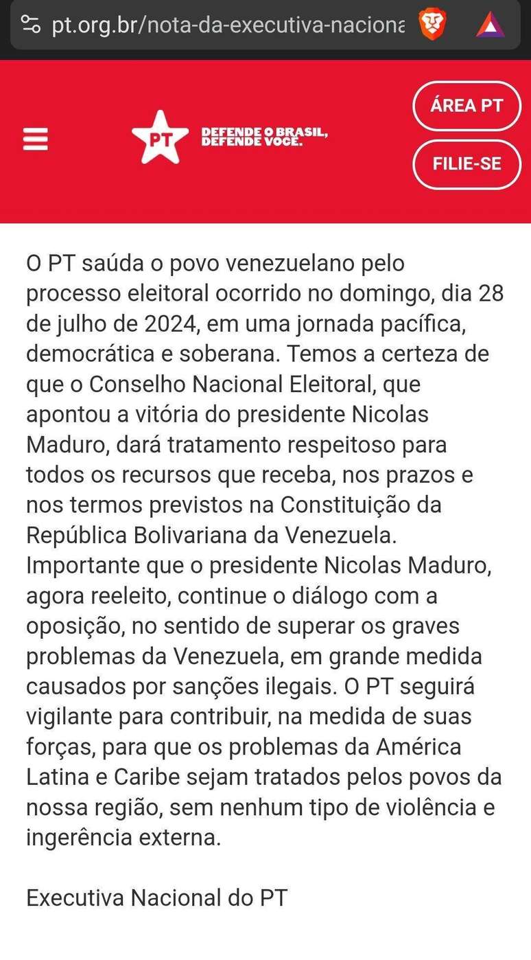 Nota da Executiva Nacional do PT sobre eleições na Venezuela