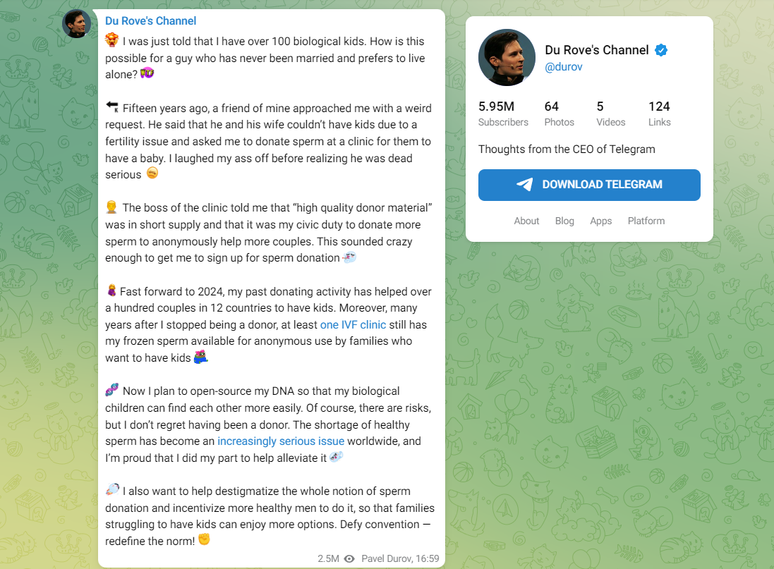 Pavel Durov comunicou a notícia por meio de seu canal no Telegram