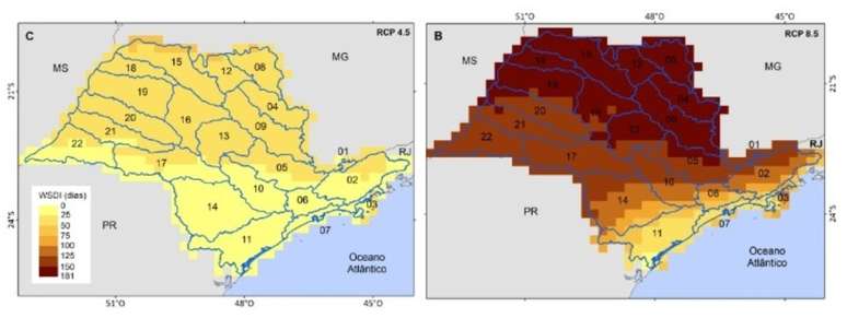 Com relação à duração de ‘ondas de calor’ no estado de São Paulo, a figura (retirada da pesquisa) à esquerda é referente ao melhor cenário projetado. Já a figura à direita demonstra a projeção mais pessimista.