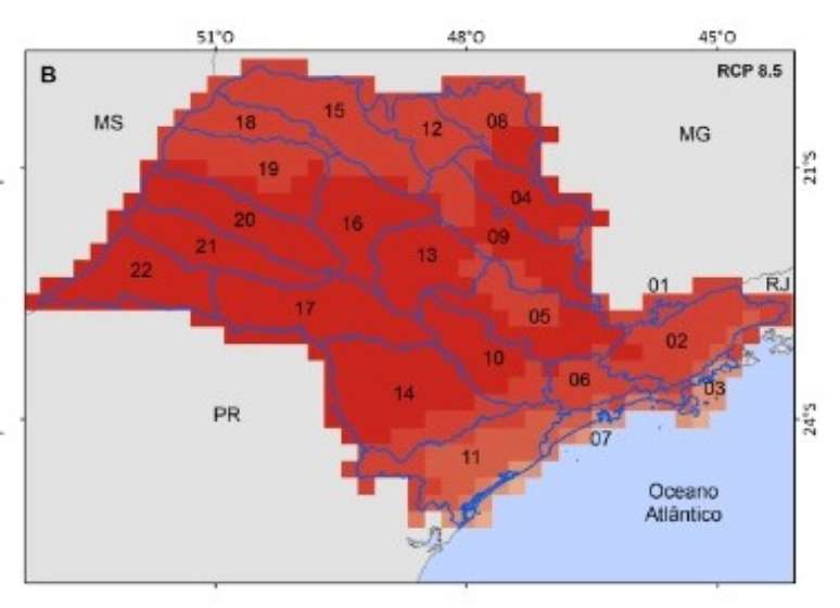 Figura, retirada da pesquisa, representa o pior cenário com relação ao aquecimento do estado de São Paulo. Quanto mais forte o tom de vermelho, mais quente. Cenário projetado para 2050, com base no histórico de 1961 a 1990