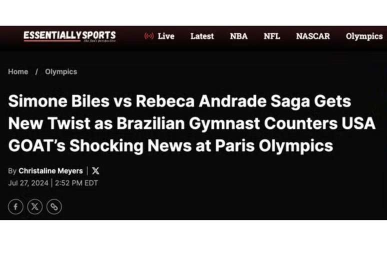 Jornal esportivo diz que Rebeca irá tentar novo salto, contra Biles, em Paris