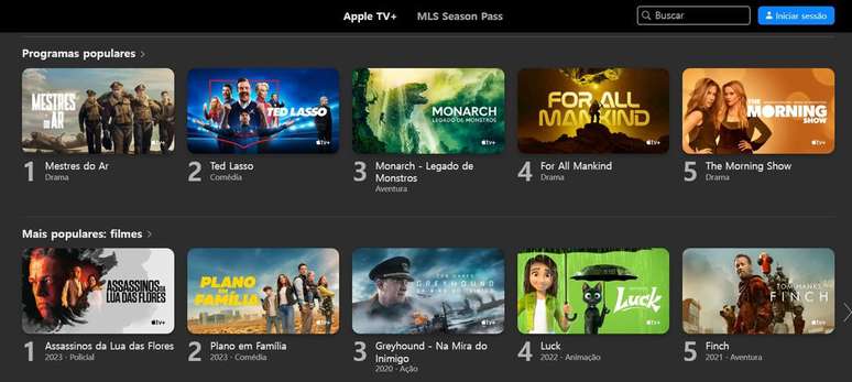 Catálogo do Apple TV+ inclui filmes e séries originais do streaming (Imagem: Captura de tela/André Magalhães/Canaltech)