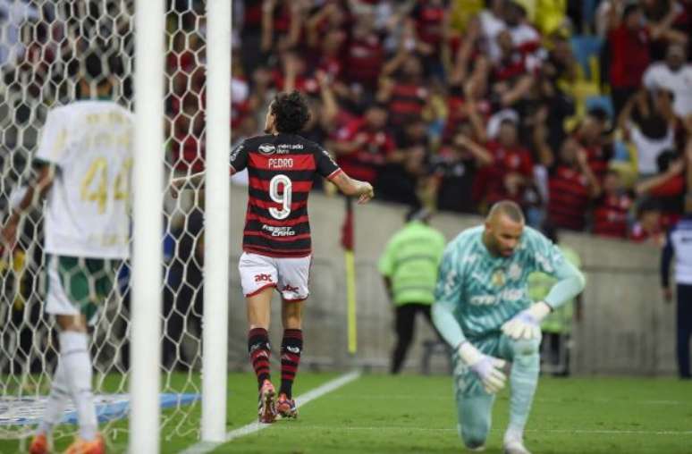 Pedro celebra o seu gol o primeiro do Flamengo sobre o Palmeiras