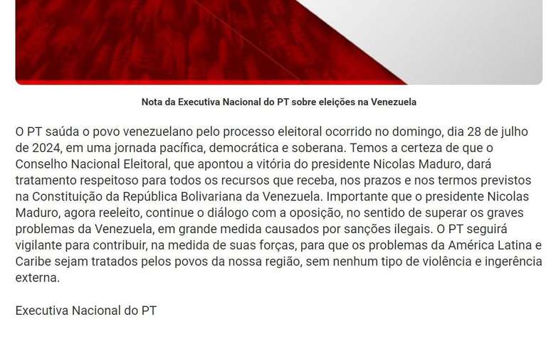 Em nota, PT reconheceu a vitória de Maduro ao tratá-lo com 'presidente agora reeleito'