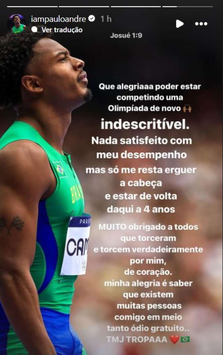 Atleta desabafou nas redes sociais