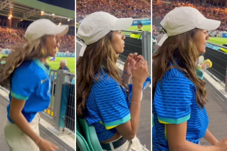 Rayssa Leal assistindo ao jogo da seleção feminina de futebol