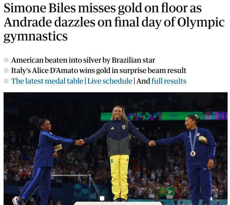 Manchete do The Guardian diz: 'Simone Biles perde ouro no solo enquanto Andrade deslumbra no último dia da ginástica olímpica'