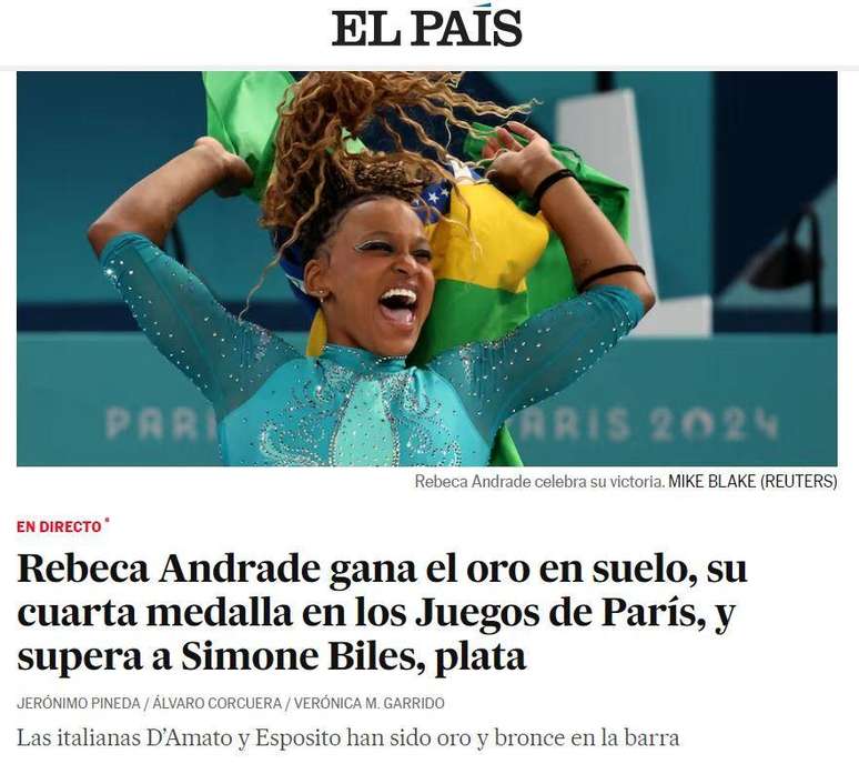 Manchete do espanhol El País exalta ouro de Rebeca Andrade