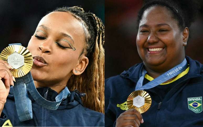 Rebeca Andrade e Beatriz Souza com as medalhas de ouro nos Jogos Olímpicos de Paris 2024