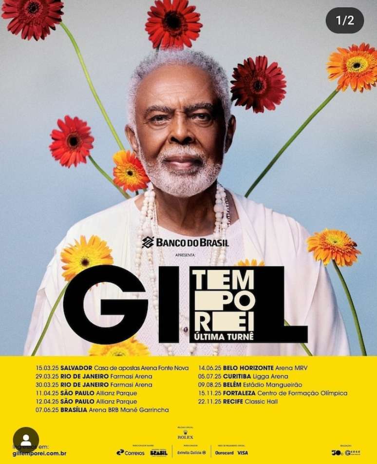 Gilberto Gil anuncia última turnê com datas em estádio pelo Brasil.