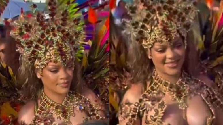 Rihanna desfila em 'carnaval' de Barbados com fantasia com plumas e pedrarias