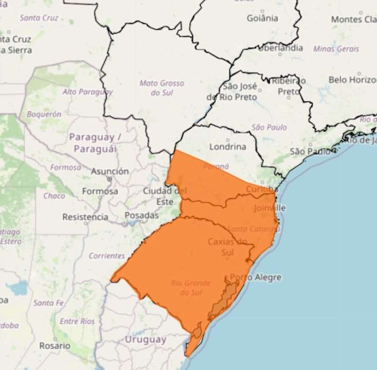 Inmet alerta para onda de frio com gravidade de perigo para Rio Grande do Sul, Santa Catarina e parte do Paran&aacute;.