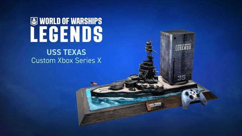 Xbox Series X com tem&aacute;tica de World of Warships Legends e USS Texas