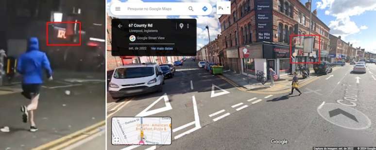 Comparação de frame do vídeo checado (esq.) e do Google Street View (dir.) mostra que há elementos visuais comuns em ambos; gravação foi feita na County Road, em Liverpool.