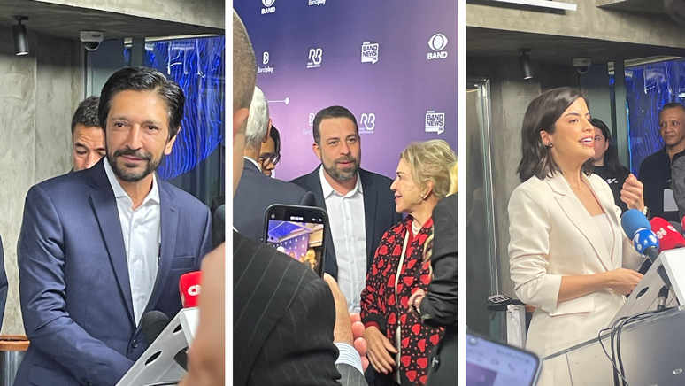 Montagem com os candidatos Ricardo Nunes, Guilherme Boulos e Tabata Amaral nos bastidores do primeiro debate à Prefeitura de São Paulo