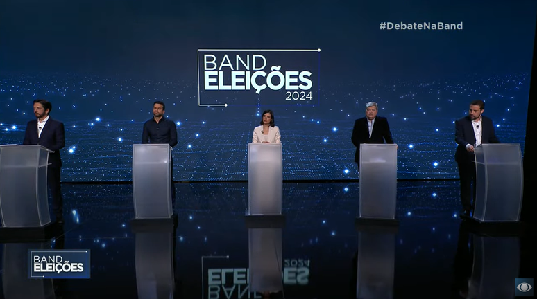 Candidatos Ricardo Nunes (MDB), Pablo Marçal (PRTB), Tabata Amaral (PSB), José Luiz Datena (PSDB) e Guilherme Boulos (PSOL) participam de debate.