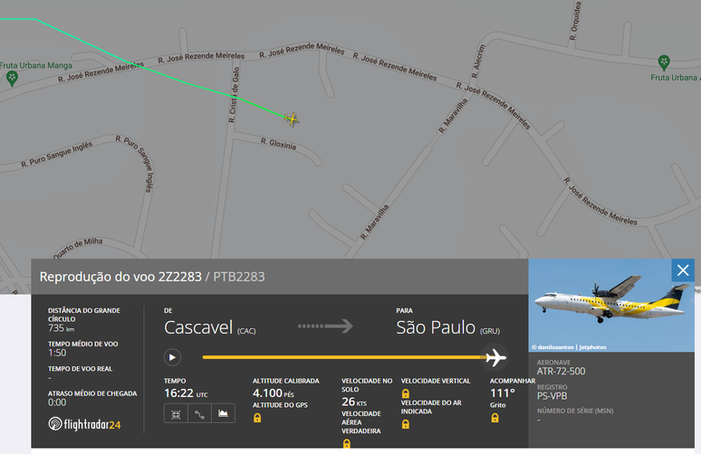 Último registro do avião no Flightradar