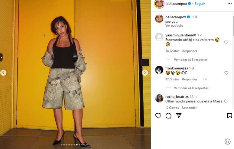 Bella Campos exibiu seu look para celebrar o aniversário de Preta Gil 